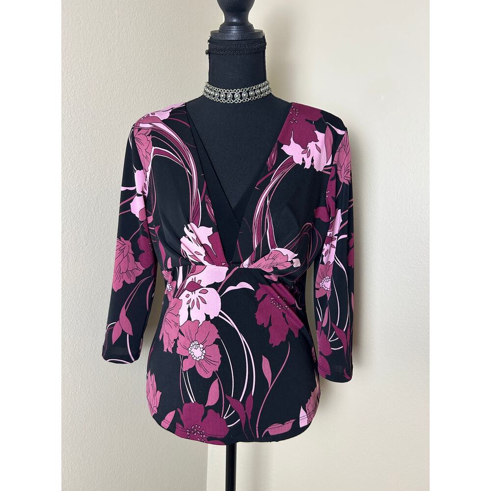 Y2K Dark Floral Mesh Top 3/4 Sleeve J.T.B. Grunge Fairy Size S/M